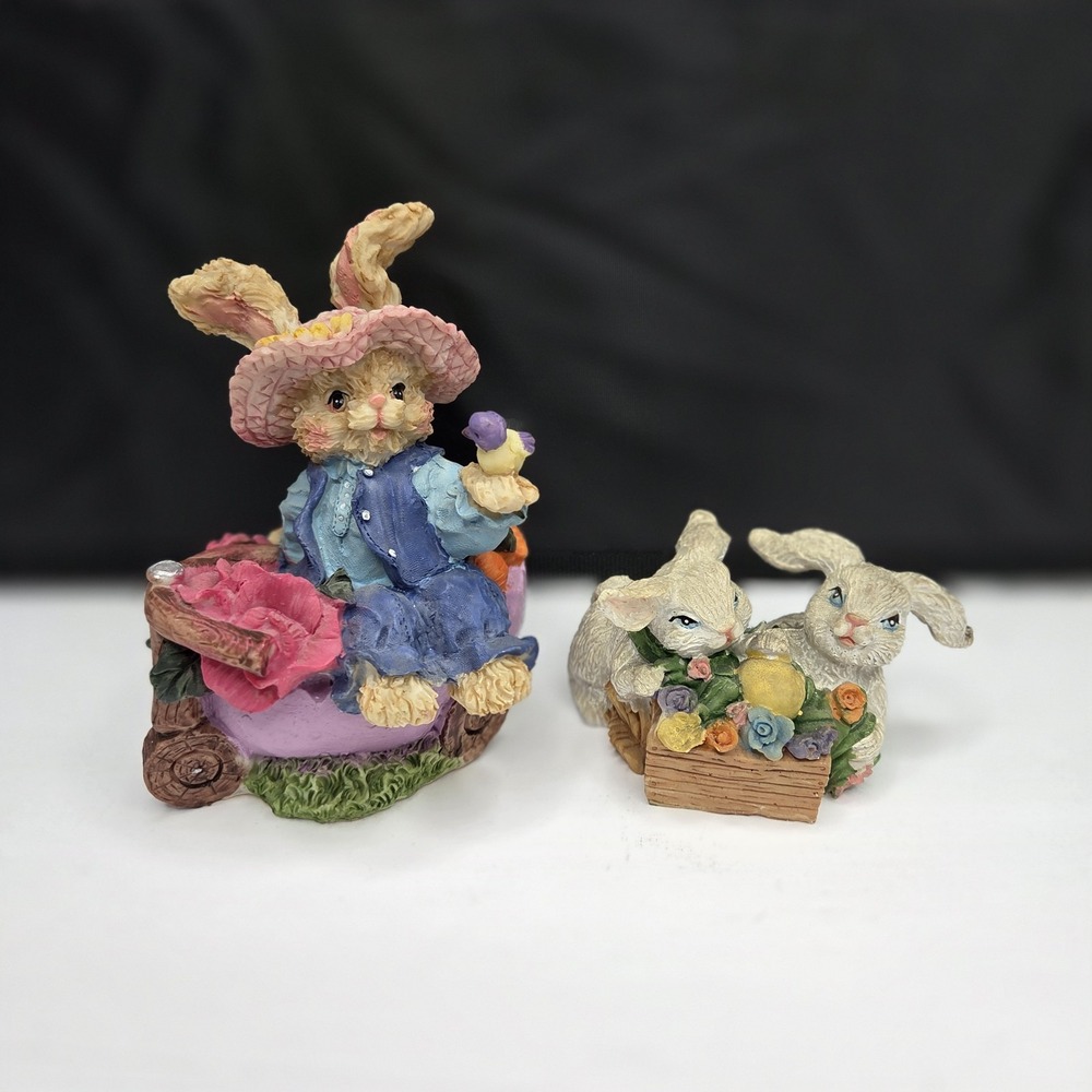 Easter Bunny Rabbit Figurines Resin Spring Decor Garden Shelf Set of 2